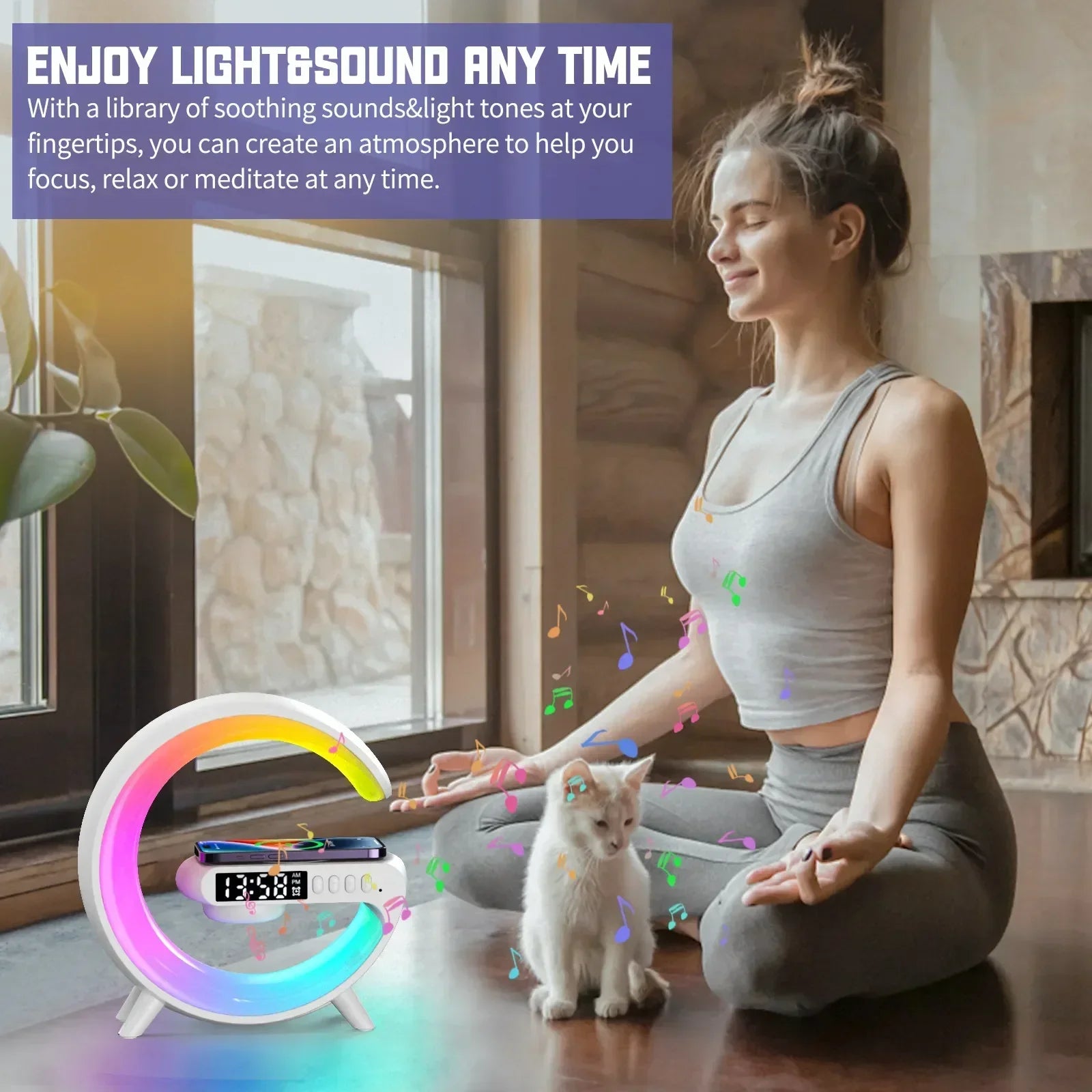 Base Smart Multifuncional – Cargador Inalámbrico + Bocina Bluetooth + Luz Ambiental