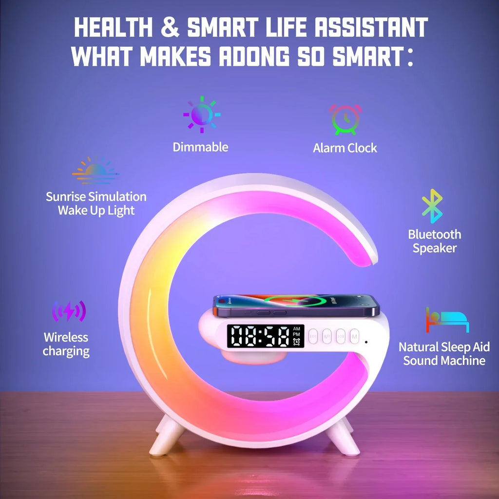 Base Smart Multifuncional – Cargador Inalámbrico + Bocina Bluetooth + Luz Ambiental