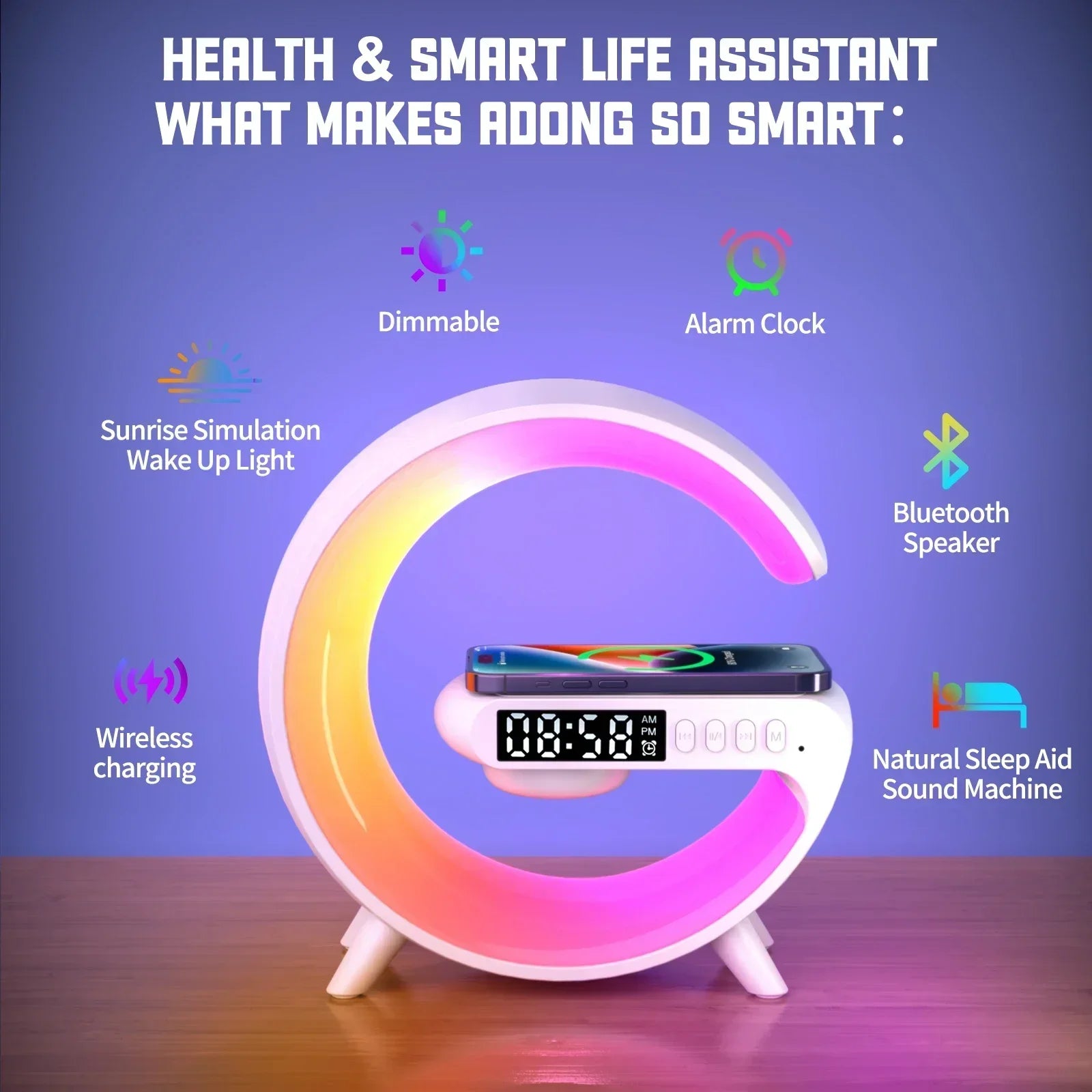 Base Smart Multifuncional – Cargador Inalámbrico + Bocina Bluetooth + Luz Ambiental